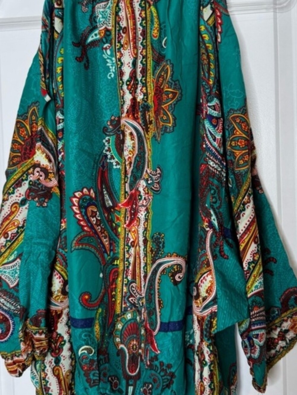 ECI Teal Paisley Cold-Shoulder Tunic blouse vibrant boho sz LG